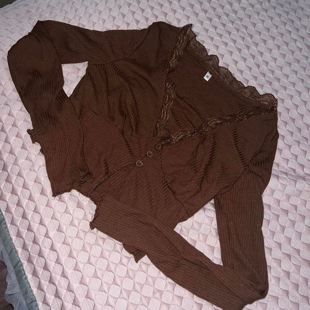 Y2K inspired brown lace trim cardigan - Picture 3 of 3